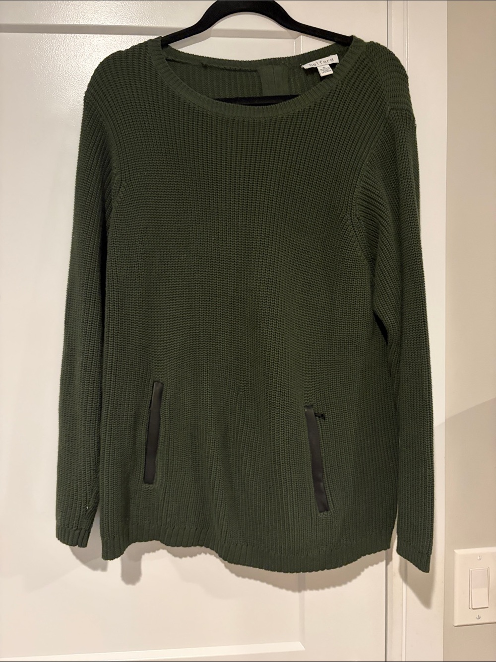 Belford  Olive Rib-Knit Crewneck Sweater with Zip Pockets